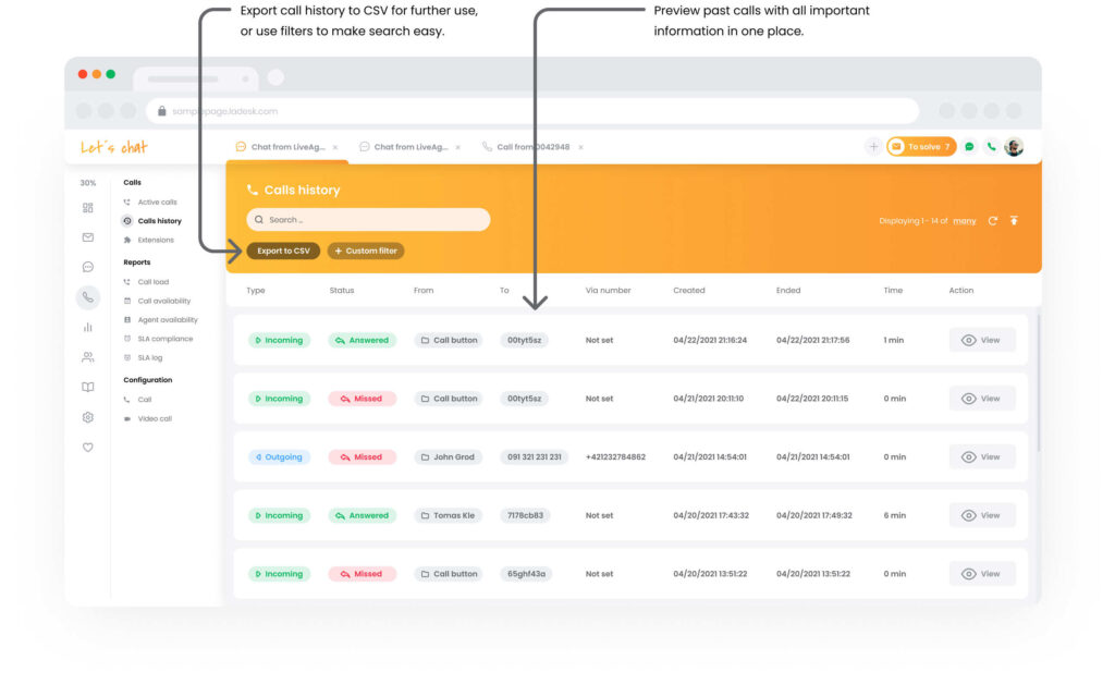 Call history feature sa LiveAgent Call Center