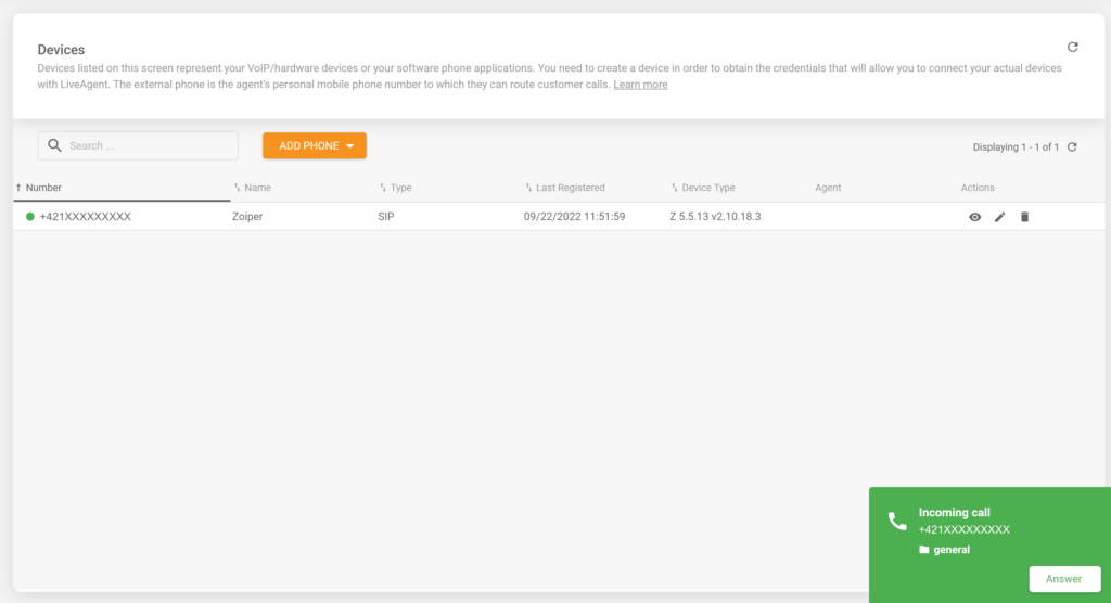Picture na pinapakita ang incoming call sa naka-integrate na software ng Zopier sa software ng LiveAgent help desk