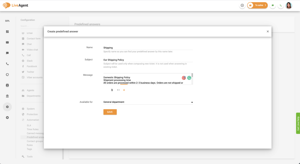 Predefinied answers setup in LiveAgent
