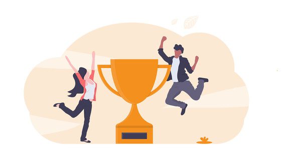 woman and man celebrating winning throphy-illustration
