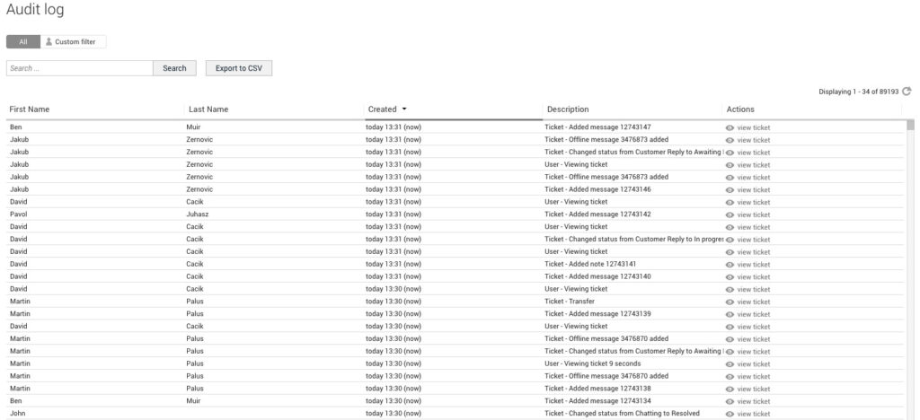 Audit Log/Activity log sa LiveAgent -halimbawa.