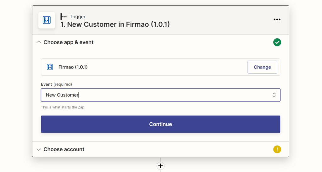 Litratong pinapakita ang selection ng Firmao event habang may integration configuration sa Zapier