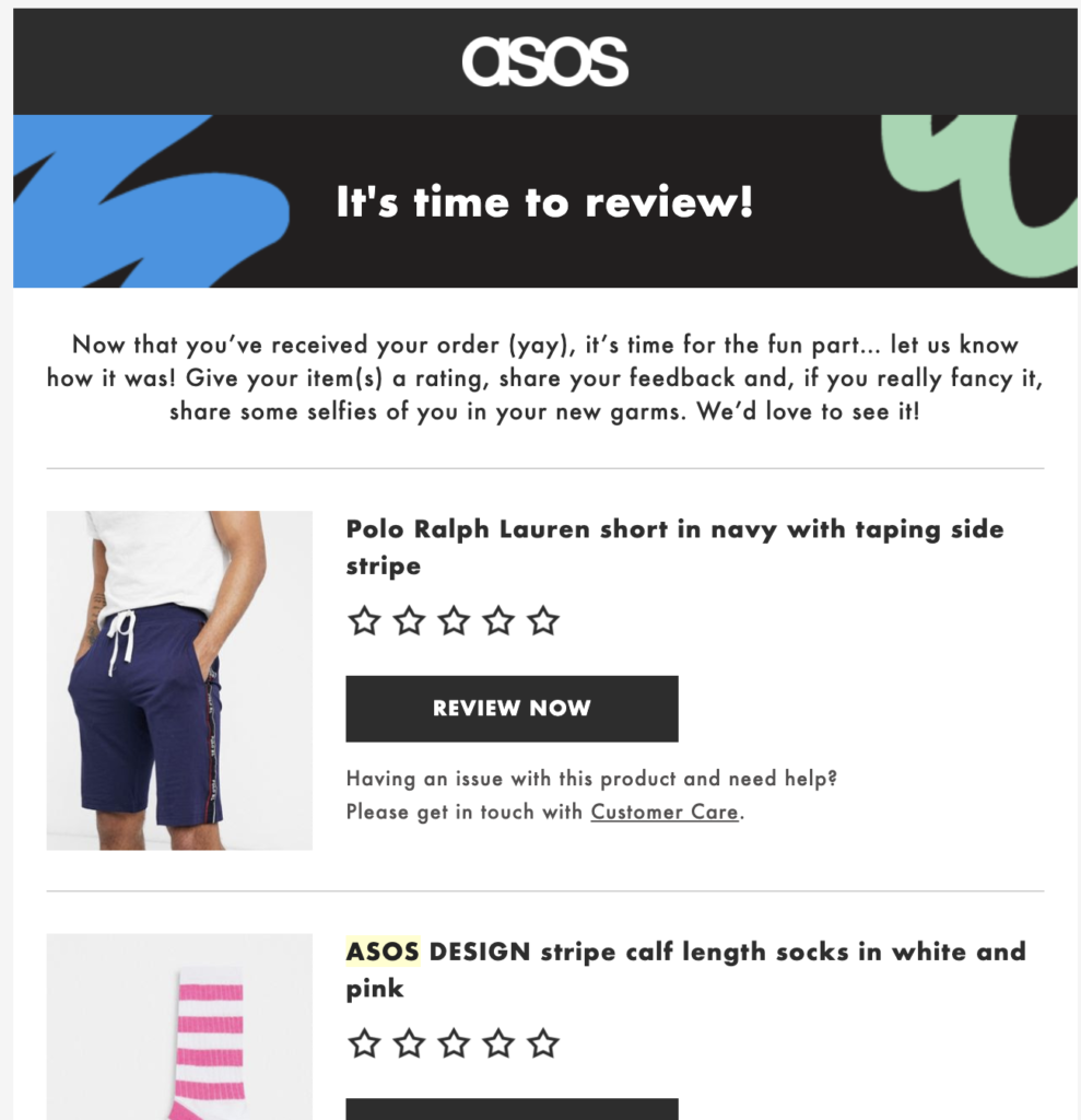 Template na email na Asos post-purchase