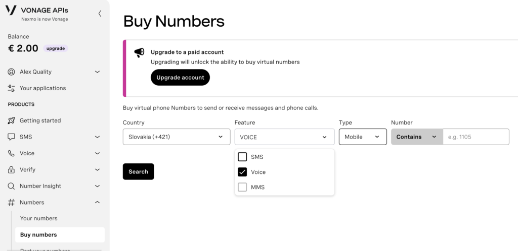 Seksyon sa pagbili ng numero sa dashboard ng Vonage