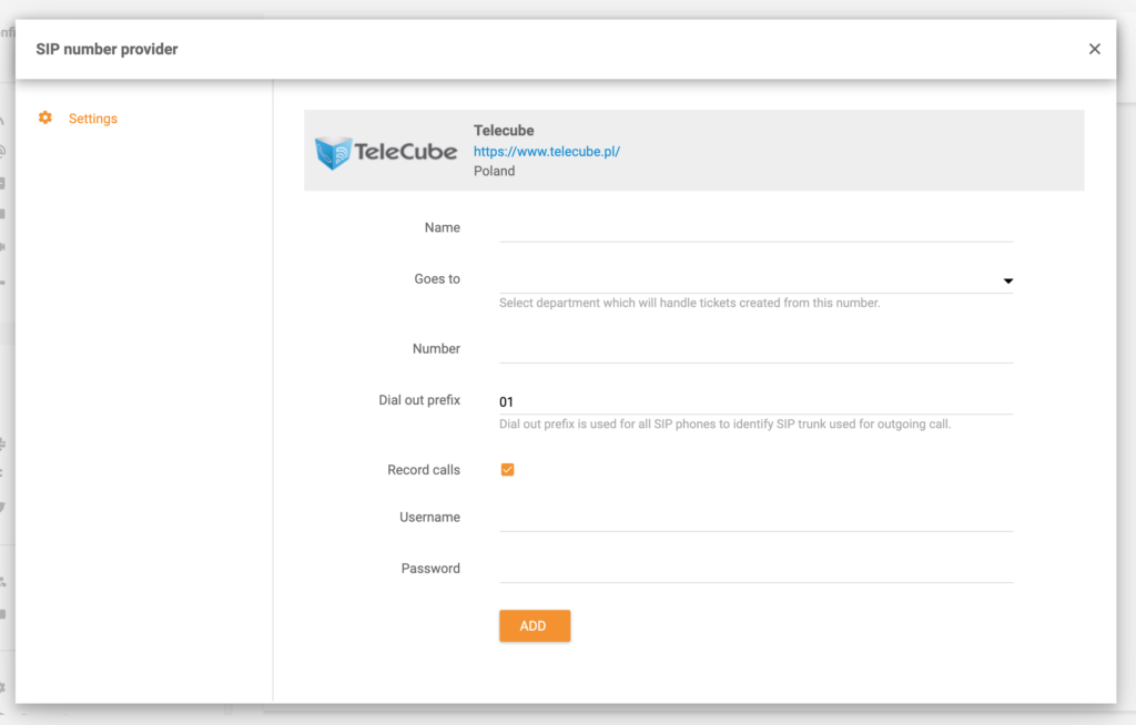 Mga setting ng TeleCube na walang lamang mga patlang sa configuration ng VoIP ng LiveAgent