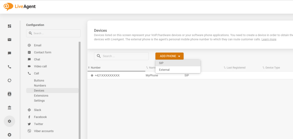 Isang litratong pinapakita kung paano magdagdag ng bagong SIP phone sa LiveAgent configuration