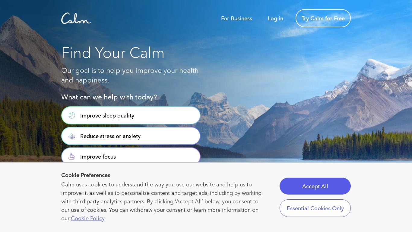 Calm offers various ways to help users improve sleep quality, reduce stress or anxiety, improve focus, and achieve self-improvement. The website uses cookies to understand user behavior and improve content and targeted ads. Calm also provides buyable gifts, a family plan, business options, and customer support.