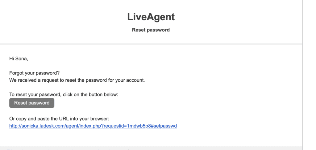 Email sa pag-reset ng password sa LiveAgent