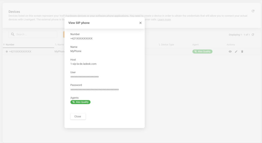 Litratong pinapakita ang detalye ng kakagawang SIP phone sa configuration ng LiveAgent