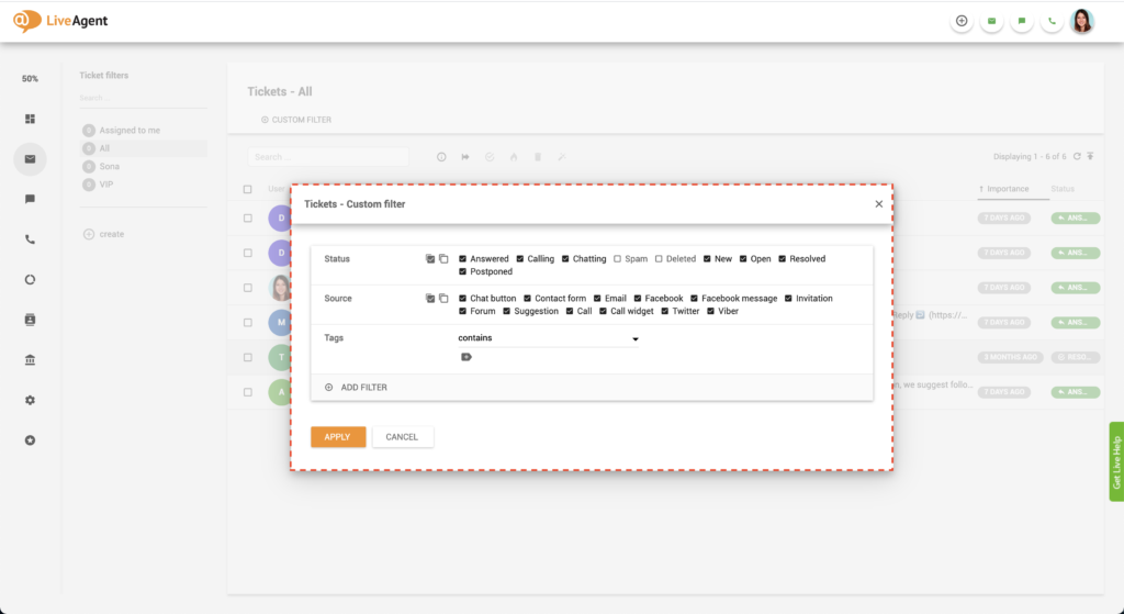 ticketing filter values