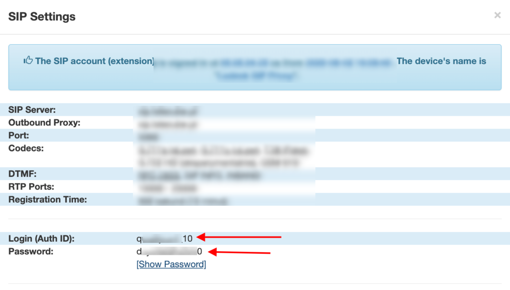 Mga setting ng TeleCube SIP na may impormasyon sa Pag-login at Password